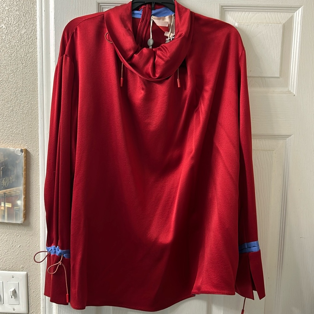 Roksanda women’s 100% silk blouse | mandarin silk satin scarlet | size 10